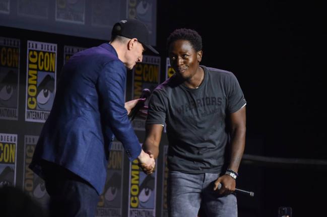 Kevin Feige (left) and David Jonsson attend a panel for Marvel Studios during Comic-Con International on Saturday in San Diego. 