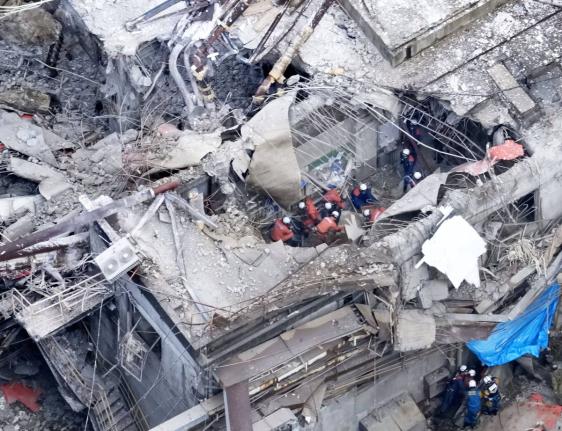 This aerial image shows rescue operation at the Nippon Paper Industries Co.’s Yatsushiro factory, following an earthquake in Yatsushiro, Kumamoto Prefecture, Wednesday, July 29, 2026. 