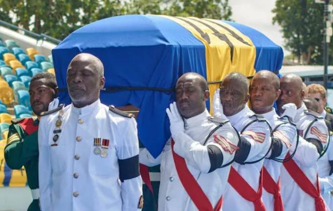 The casket of Sir Garfield Sobers is being carried at Kensington Oval during his state funeral on Wednesday.