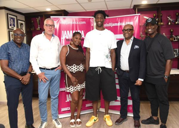 From left: Paulton Gordon, President of the Jamaica Basketball Association (JaBA); Philip Rose, Deputy Director of Tourism for the Americas; Chelsea Hudson-Dybantsa, Mother of A.J Dybantsa; Anciet Francois Dybantsa, number-one pick in the 2026 NBA Draft; D