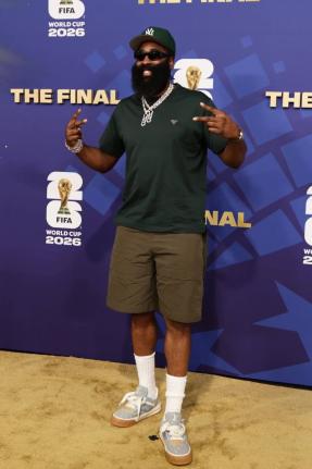 James Harden arrives before the World Cup final match between Spain and Argentina in East Rutherford, New Jersey, Sunday, July 19, 2026.  