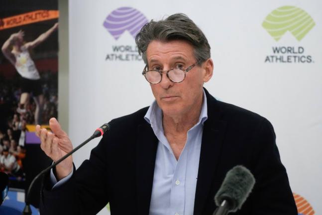 World Athletics President Sebastian Coe holds a press conference at the conclusion of the World Athletics meeting at the Italian National Olympic Committee, headquarters, in Rome, Wednesday, November 30, 2022.