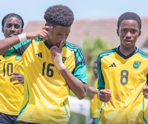 Jamaica U14 players celebrate a goal during their Caribbean Football Union Under-14 Challenger Series against Curaçao yesterday. 