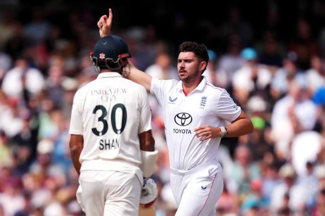 AP 
England’s Josh Tongue (right) celebrates bowling Pakistan’s Shan Masood on day three of the first Test match in Leeds, England, on Friday, August 21.