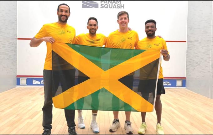 
From left: Jamaica squash players, Declan James, bronze medallist, Lewis Walters, Chris Binnie, and Tahjia Lumley. 