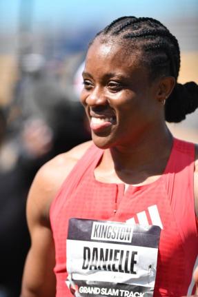 Sprint hurdler Danielle Williams smiling after winning the women’s 100m at the Grand Slam Track meet at the National Stadium in St Andrew on April 6.