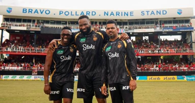 From left: Dwayne Bravo, Kieron Pollard and Sunil Narine during the renaming of a stand in their honour at the Queen’s Park Oval.