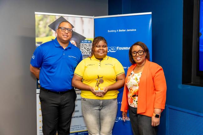 London Crawlle 2026 recipient of the Dr Rickert Allen Scholarship from NCB Foundation is flanked by the foundation’s CEO, Perrin Gayle (left) and University of the Commonwealth Caribbean’s Dean of the College of Graduate Studies and Research Dr Andrea 