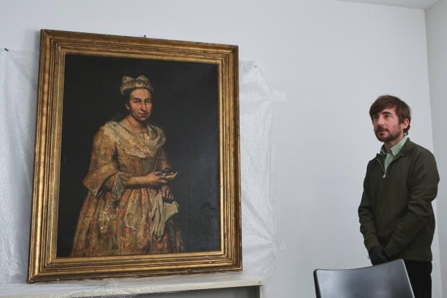 The 18th-century painting “Portrait of a Lady,” allegedly stolen by a Nazi officer during World War II, is displayed during a news conference in Mar del Plata, Argentina, on September 3, 2025.