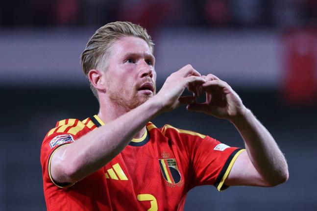 Belgium’s Kevin De Bruyne celebrates after scoring his side’s second goal during the Nations League  match between Belgium and Turkey in Liege, Belgium yesterday.