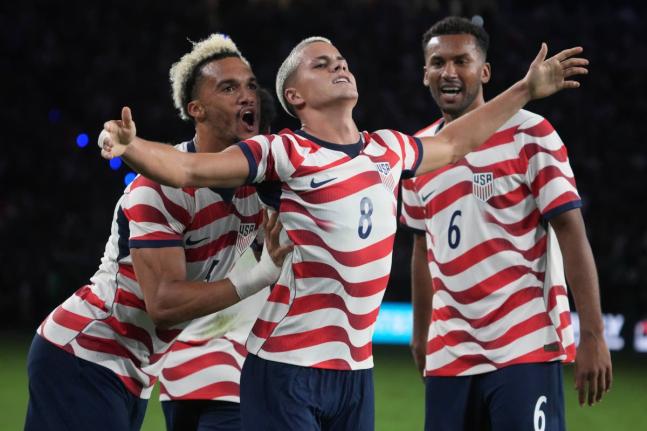US forward Cavan Sullivan celebrates after scoring against Mexico in the second half of an international friendly match in Glendale, Arizona. Saturday, October 3, 2026. 
