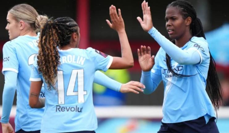 Khadija Shaw (right) has scored five goals in five matches in the WSL for Manchester City.
