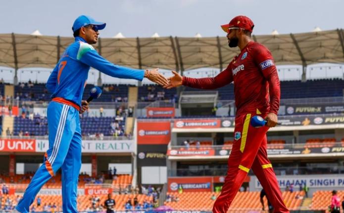 
Indian captain Shubman Gill (left) and his West Indies opposite number, Shai Hope, shake hands ahead of a One-Day International game between the two.