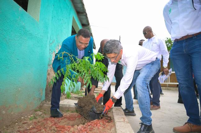 Prime Minister, Dr. Andrew Holness (left) is assisted by Councillor Caretaker, Seivwright Gardens Division, Everton Murray (centre) and Managing Director of Caribbean Cement Company Limited, Jorge Martinez (right) to plant a tree in one of the bricked spac