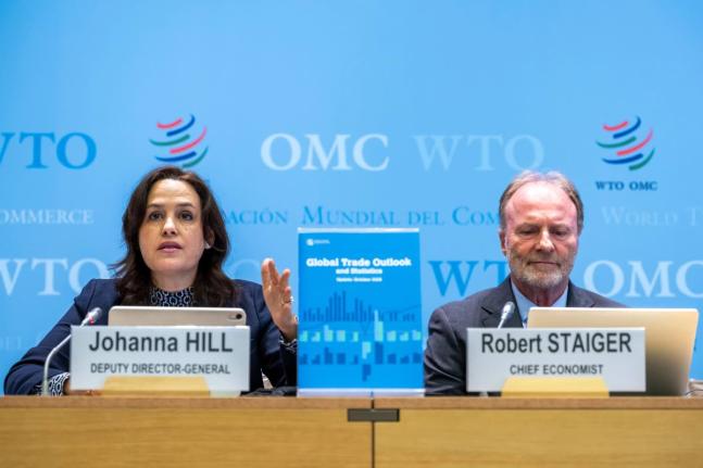 AP
World Trade Organization Deputy Director-General Johanna Hill (left) and Chief Economist Robert Staiger at a conference on Global Trade Outlook and Statistics, at the headquarters in Geneva, Switzerland, on Thursday, October 8, 2026. 