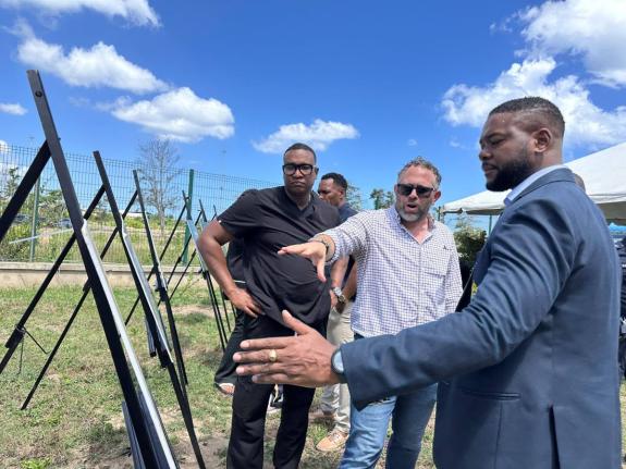 From left: Germaine Spencer, President of Montego Bay United,  Yoni Epstein, head of Montego Multi-Sports Development Limited and Richard Vernon chairman of the St James Municipal Corporation and Mayor of Montego Bay during the unveiling of plans earlier t