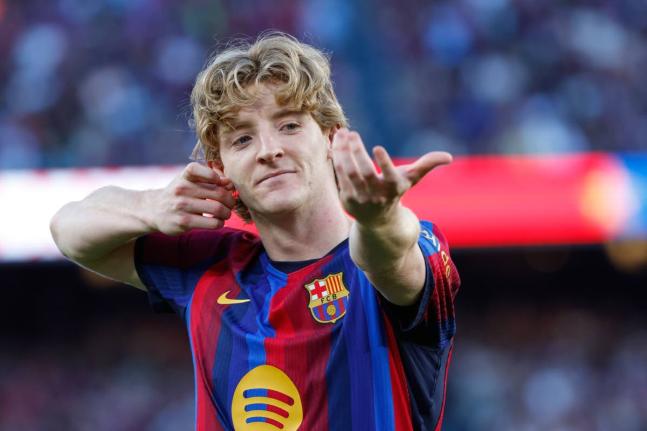 
Barcelona’s Anthony Gordon celebrates after scoring his side’s opening goal during the Spanish La Liga football match against Getafe in Barcelona, Spain yesterday.