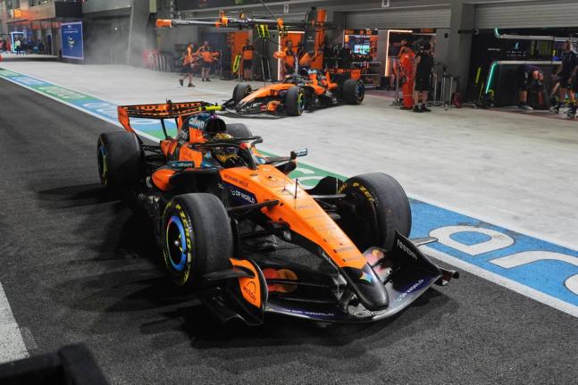 
McLaren driver Lando Norris of Britain speeds away during the sprint qualifying session ahead of the Singapore Formula One Grand Prix in Singapore, Friday, October 9.