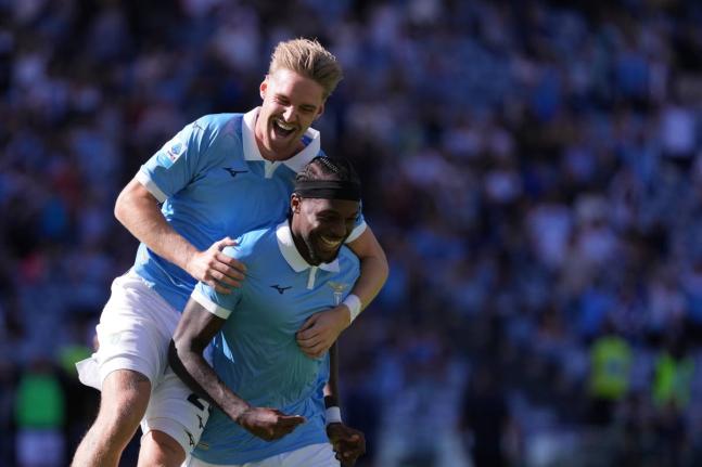 Lazio’s Nuno Tavares, (foreground) celebrates after scoring during the Serie A  match between Lazio and Monza in Rome yesterday.