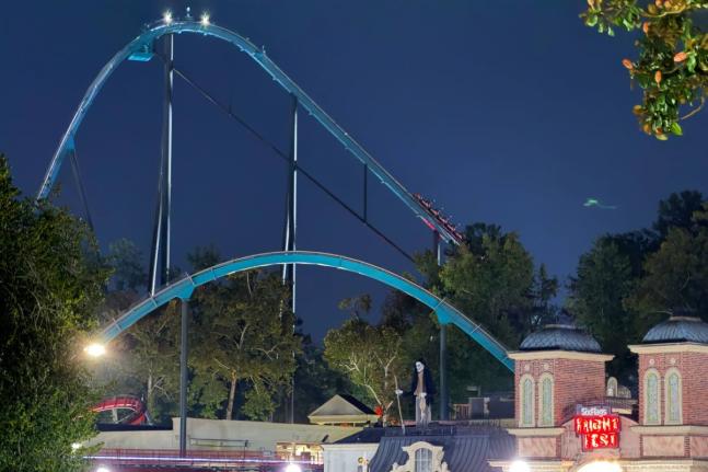 A roller coaster is shown at Six Flags over Georgia on Monday, Oct. 12, 2026 in Austell, Ga. (AP Photo/Emilie Megnien)