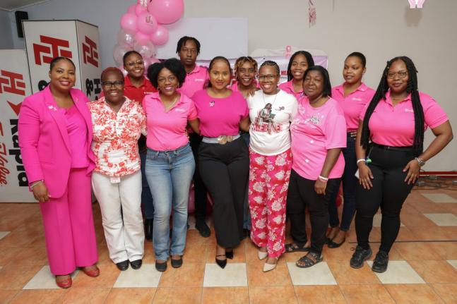 Roshane Reid-Koomson, executive director of the Jamaica Cancer Society, joins members of the H&L Agro team and breast cancer survivors following the recent launch of the company’s Breast Cancer Awareness Month activities. The initiative promotes breast h