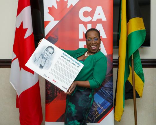 Winsome Callum, director of corporate communications at the Jamaica Public Service Company, displays her 2026 Woman in Energy Award, presented by the Canadian High Commission in recognition of her 29 years of service to Jamaica’s energy sector.
