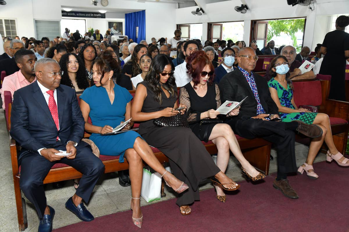 Members of the Berry Family during the funeral for Doris ‘May’ Berry, founding director of Mayberry Investments Limited at Webster Memorial United Church on Monday. From left are Mayberry Executive Vice Chairman Konrad Mark Berry, wife Genevieve Berry,