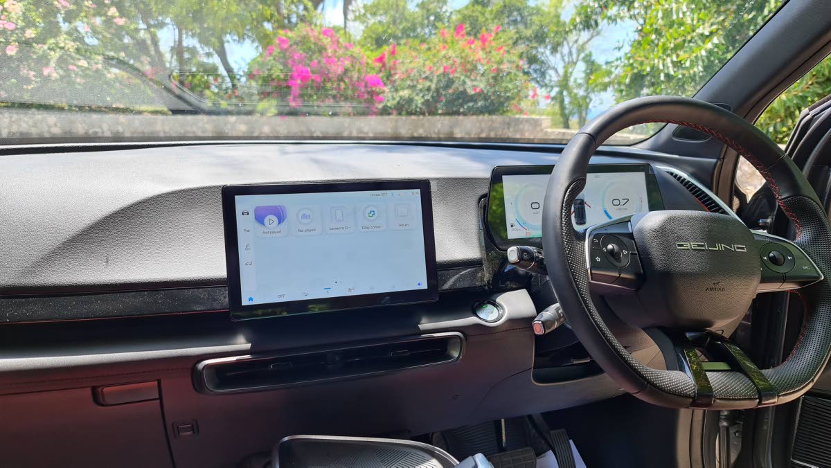 The X55 Premium’s interior boasts a dual-screen layout with a massive 10.25-inch instrument display and a 10.1-inch touchscreen for the centre console.