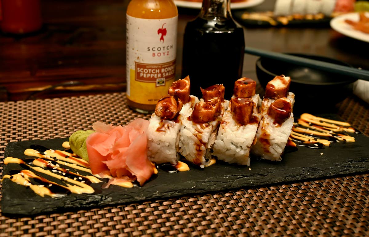 The jerk chicken sushi roll.