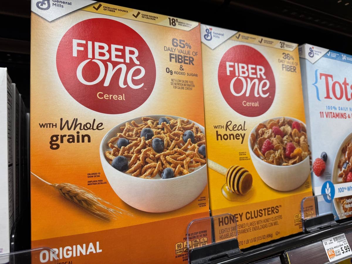 Boxes of Fiber One cereal on a supermarket shelf. 