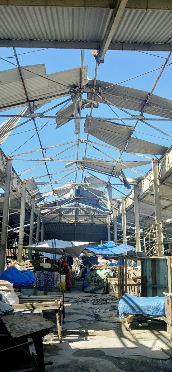 Damage to the roof of the Savanna‑la‑Mar Market in Westmoreland during the passage of Hurricane Melissa on October 28, 2025. 

