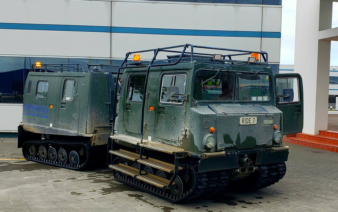 The all-terrain vehicle called the Hagglund that is used to journey across the frozen continent.