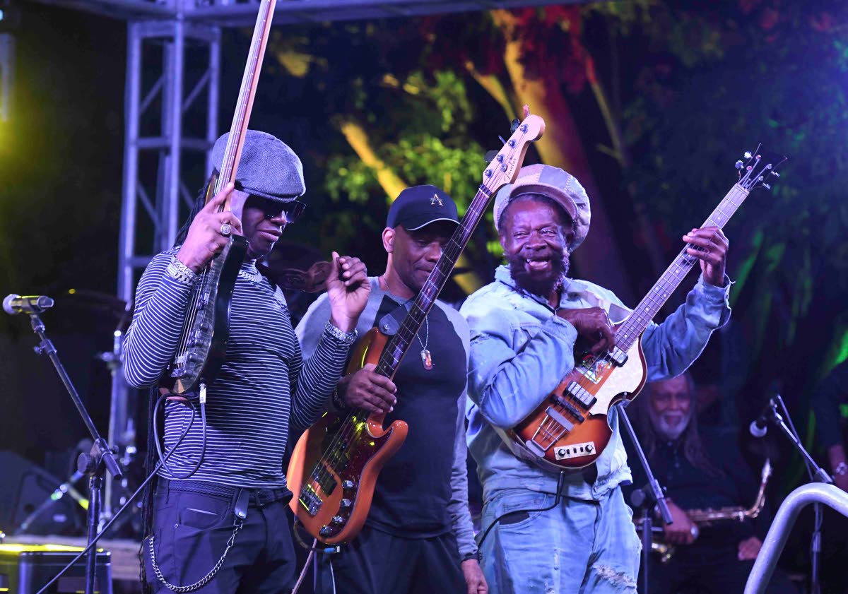 From left, Donald ‘Danny Bassie’ Dennis, Daniel ‘Danny Axeman’ Thompson and Eroll ‘Flabba’ Holt on stage after performing at JaRIA’s Reggae Wednesdays.