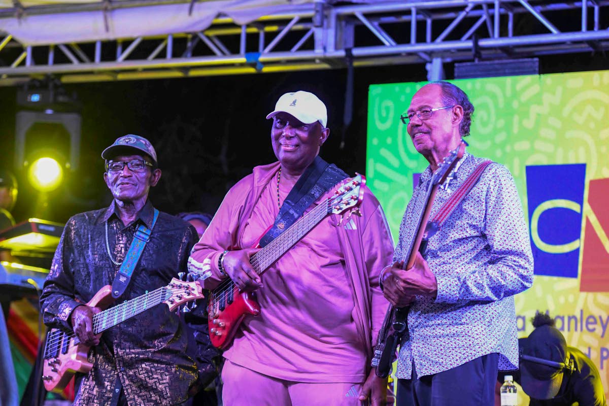 From left: Lloyd Parks, Jackie Jackson and Boris Gardner on stage after performing at JaRIA’s Reggae Wednesdays held at the Edna Manley College in Kingston.
