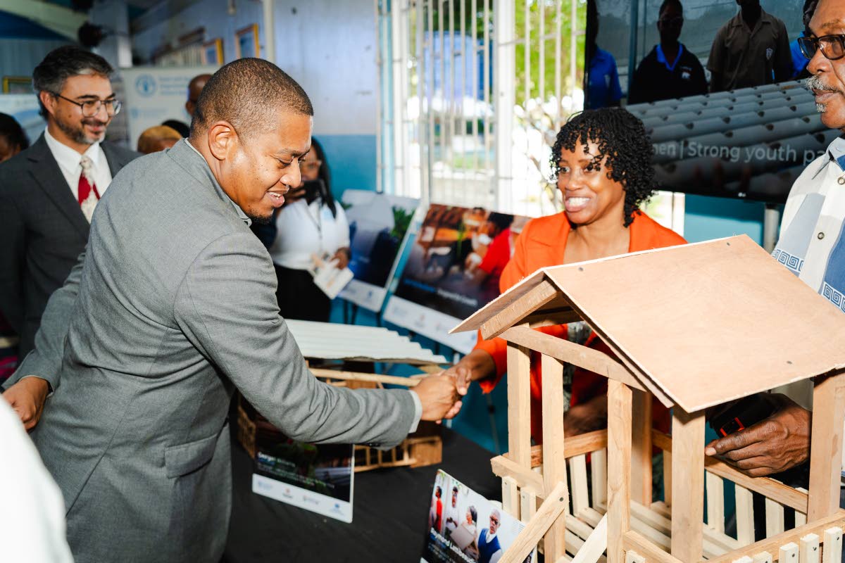Floyd Green (left), minister of agriculture, fisheries and mining, engages with goat house model units displayed by beneficiaries, Georgen Williams and Raymond Lattibeaudiere, highlighting practical training outcomes under the IRL Project, as High Commissi