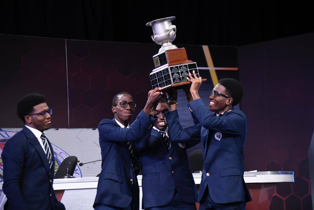 Members of the Jamaica College team celebrate with the TVJ's Schools’ Challenge Quiz championship trophy after their victory on April 2, 2026. The trophy was presented by Joseph M Matalon, Executive Chairman of the RJRGLEANER Communications Group. (Antoi