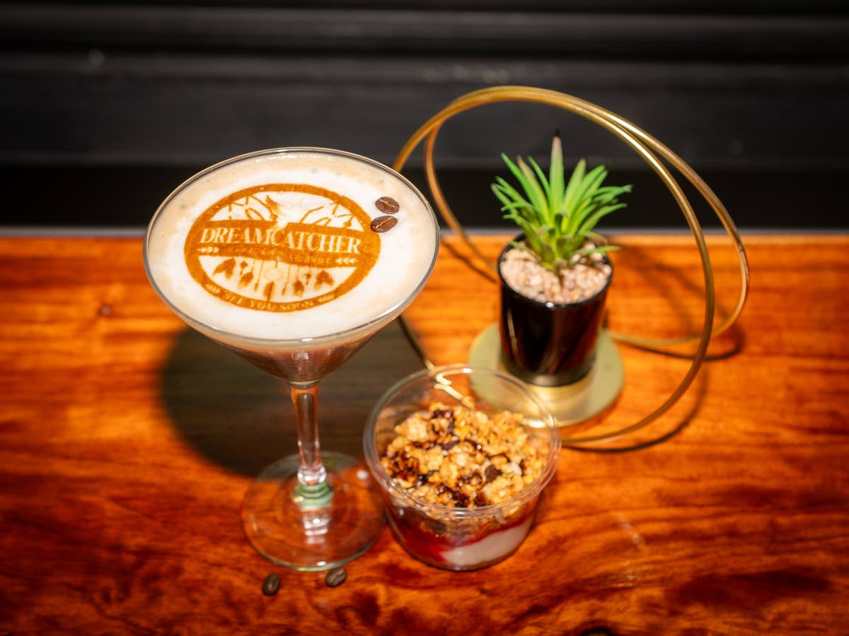 Where coffee meets creativity: A signature Dream Catcher Cafe and Lounge creation, finished with the cafe’s distinctive logo and served at its home in the Artisan Village, Falmouth.