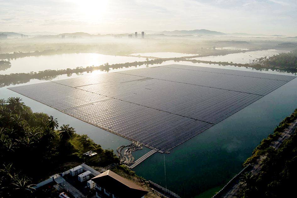The sun rises over floating solar panels on May 3, 2023, in Selangor, Malaysia.