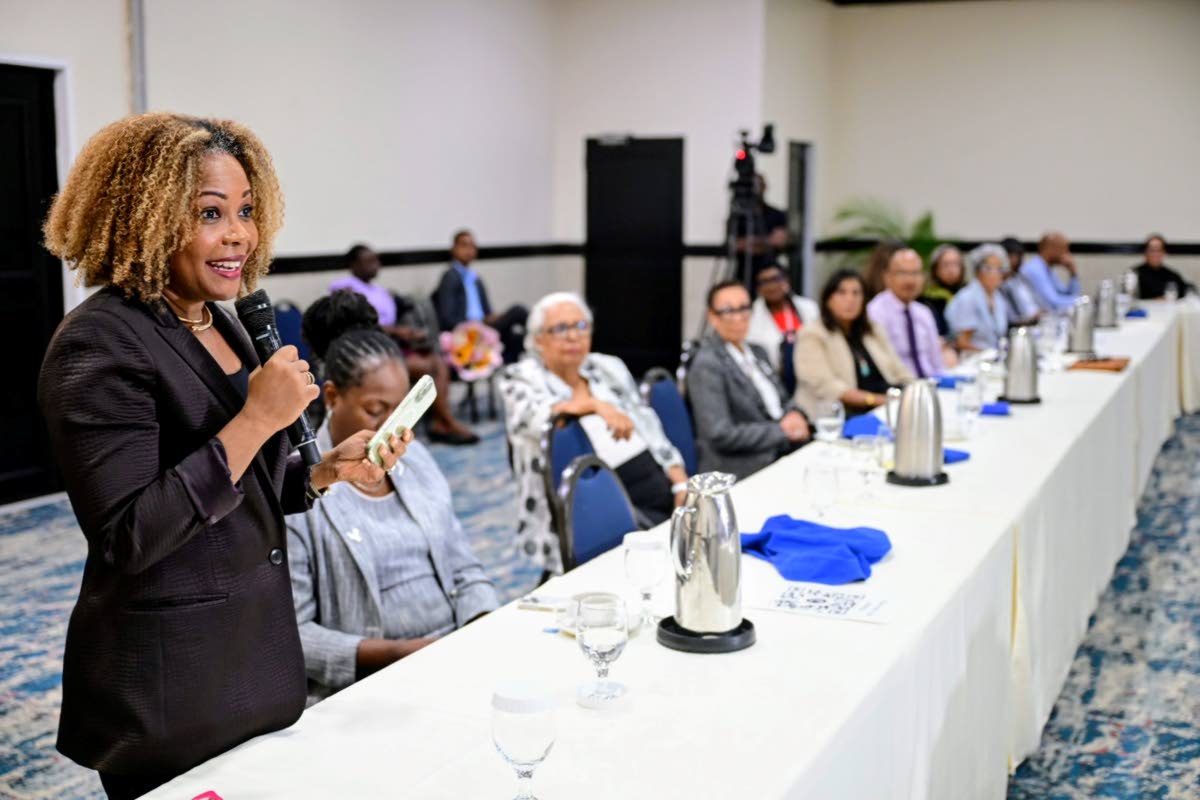 Minister of Education, Skills, Youth and Information, Senator Dr Dana Morris Dixon, responds to questions at the High-Level National Digital and AI Skills Round Table on Tuesday at The Jamaica Pegasus hotel. 