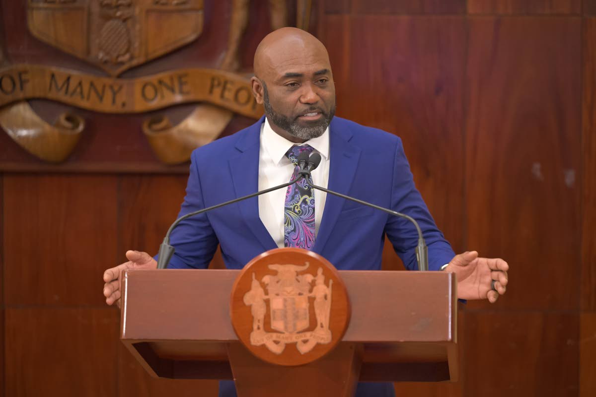 Minister without Portfolio in the Office of the Prime Minister with responsibility for Science, Technology and Special Projects, Dr Andrew Wheatley, addressing a post-Cabinet press briefing at Jamaica House in St Andrew on September 30.