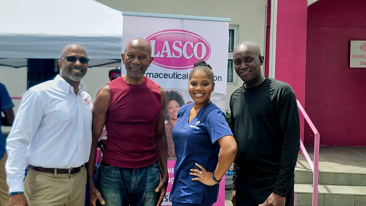 From left: Stewart Dougan, general manager, LASCO Distributors Limited, Pharmaceutical Division; Raynes Beckford, the oldest participant at 76 years old; Azure Lewis, category manager, Marketing OTC, LASCO Pharmaceutical Division; and Andrew Morrison, duri