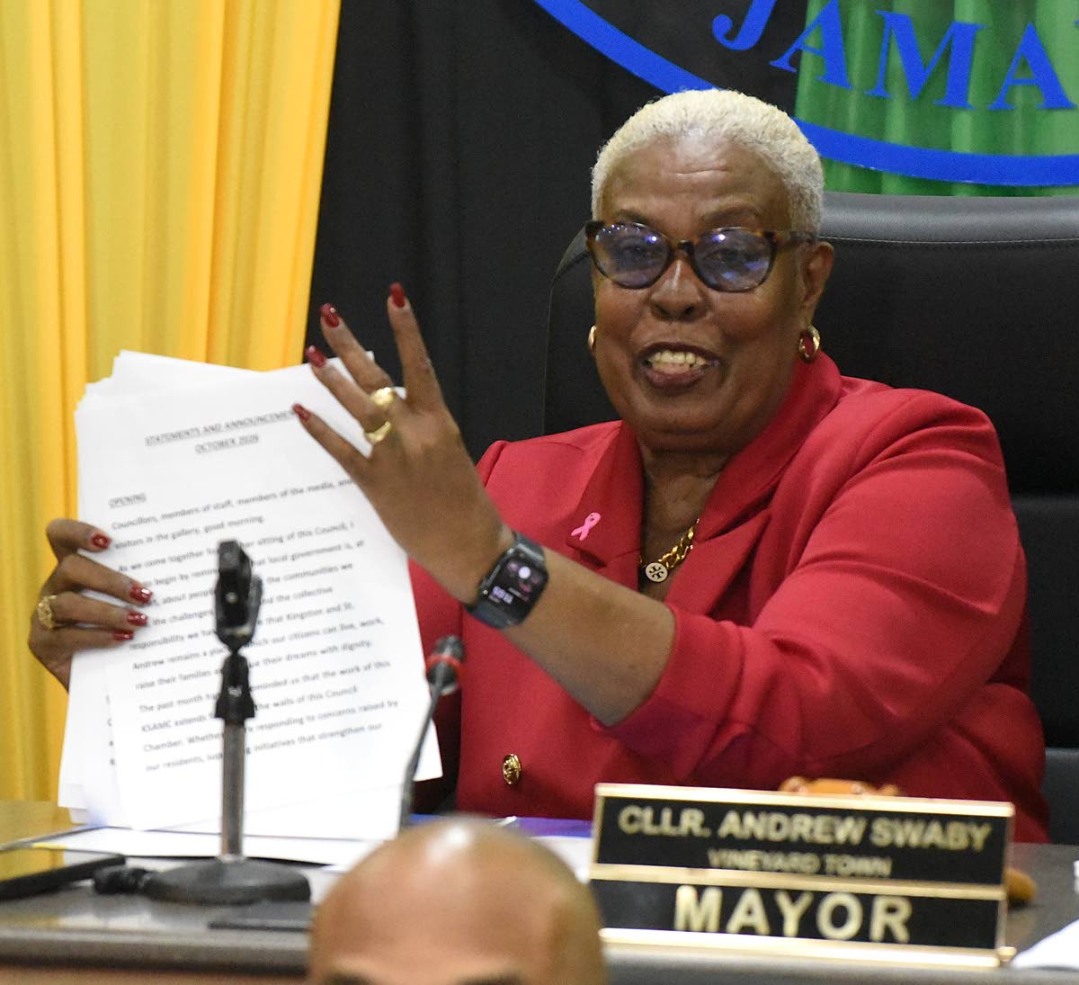 Deputy Mayor Lorraine Dobson chairing a meeting of the Kingston and St Andrew Municipal Corporation on Tuesday.