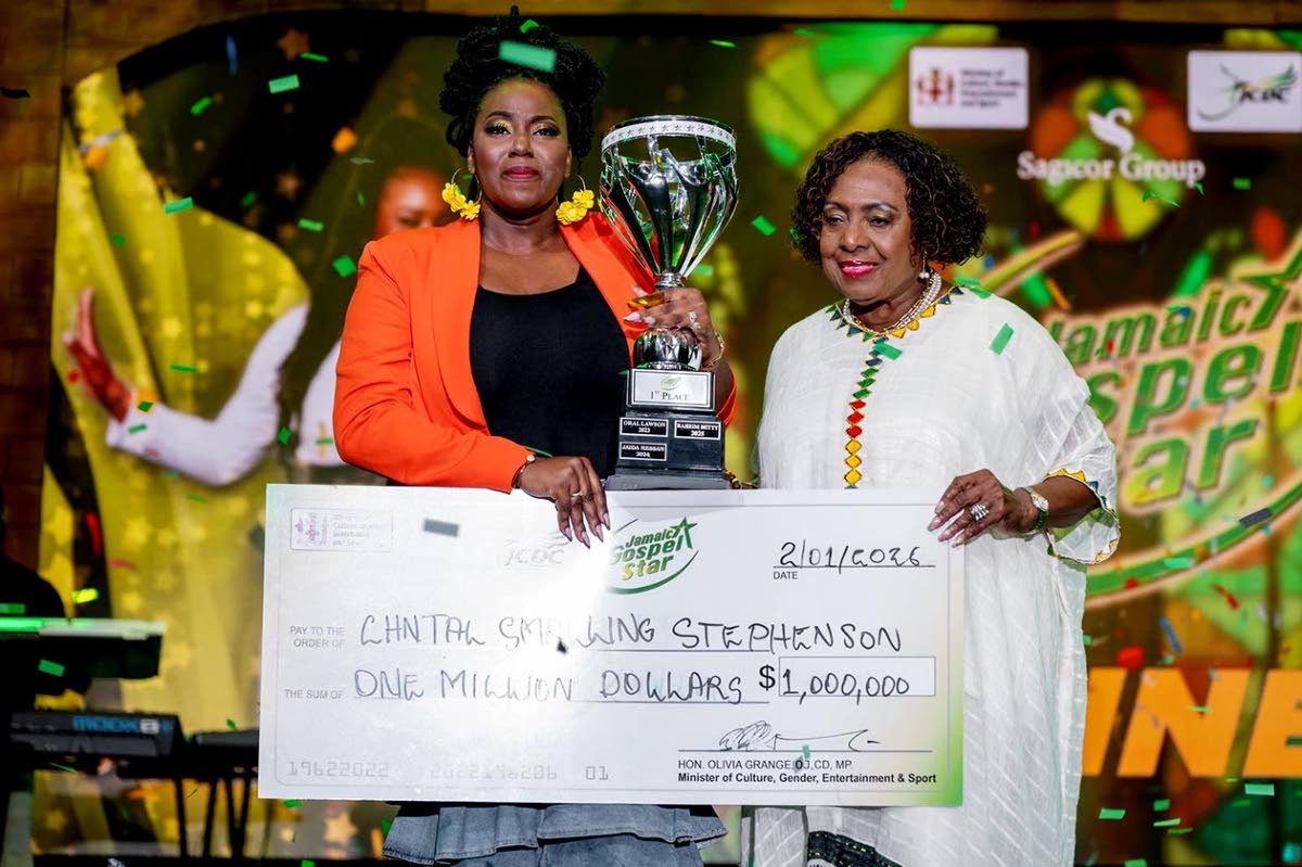 Gospel Star winner 2026 Chantal Smalling-Stephenson (left) and Minister of Culture, Gender, Entertainment and Sport, Olivia Grange at the finals of the competition in August.