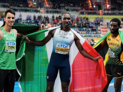 Jamaica’s Jordan Scott (right), silver medallist in the triple jump on the opening day of the 2026 World Indoor Championships, poses with gold medallist Andy Diaz Hernandez (centre) of Italy and bronze medallist Yasser Mohammed Triiki of Algeria.  