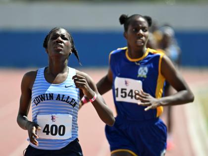 Sushana Johnson (left) of Edwin Allen  High wins a heat of the  Class One 800 metres at the 2026 Camperdown Classics, staged at Ashenheim Stadium, Jamaica College, on Saturday, February 14.