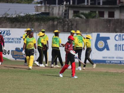 Jamaica’s players celebrate a wicket during their Rising Stars U15 match against Trinidad and Tobago at Melbourne Oval yesterday.  