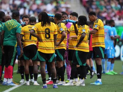 Jamaica’s players take a hydration break during the World Cup playoff final match against DR Congo in Guadalajara, Mexico, Tuesday, March 31, 2026.