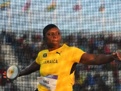 Jamaica’s Samantha Hall competes in the women’s discus throw final at the Commonwealth Games in Glasgow, Scotland yesterday.