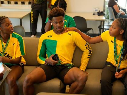 Courtesy of World Athletics 
From left: Jamaica’s Natrece East, Gary Card and Shanoya Douglas in New Residence Hall during the World Athletics Under-20 Championships in Eugene, Oregon.The three are expected to e part of 4x100m events on today’s final d