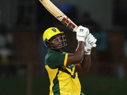 Jamaica Kingsmen captain, Rovman Powell on the go during a knock of 42 in the team’s first Caribbean Premier League game against the Antigua and Barbuda Falcons at the Arnos Vale Ground on Friday. 